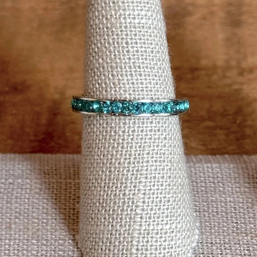 Blue Zircon Colored CZ Stainless Steel Eternity Band Ring December Birthstone - Picture 6 of 7